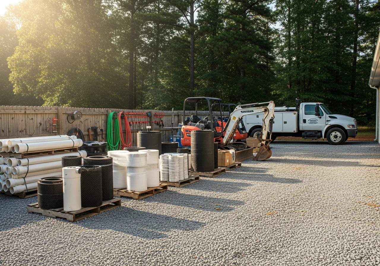Septic service truck and grading equipment ready for job site work in rural Georgia.