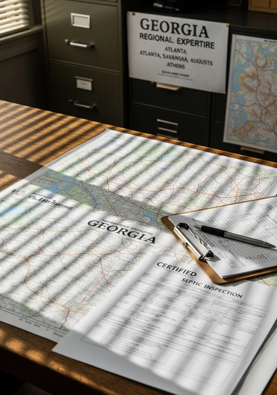 Close-up of a certified professional reviewing property documents at a desk with Georgia county maps visible.