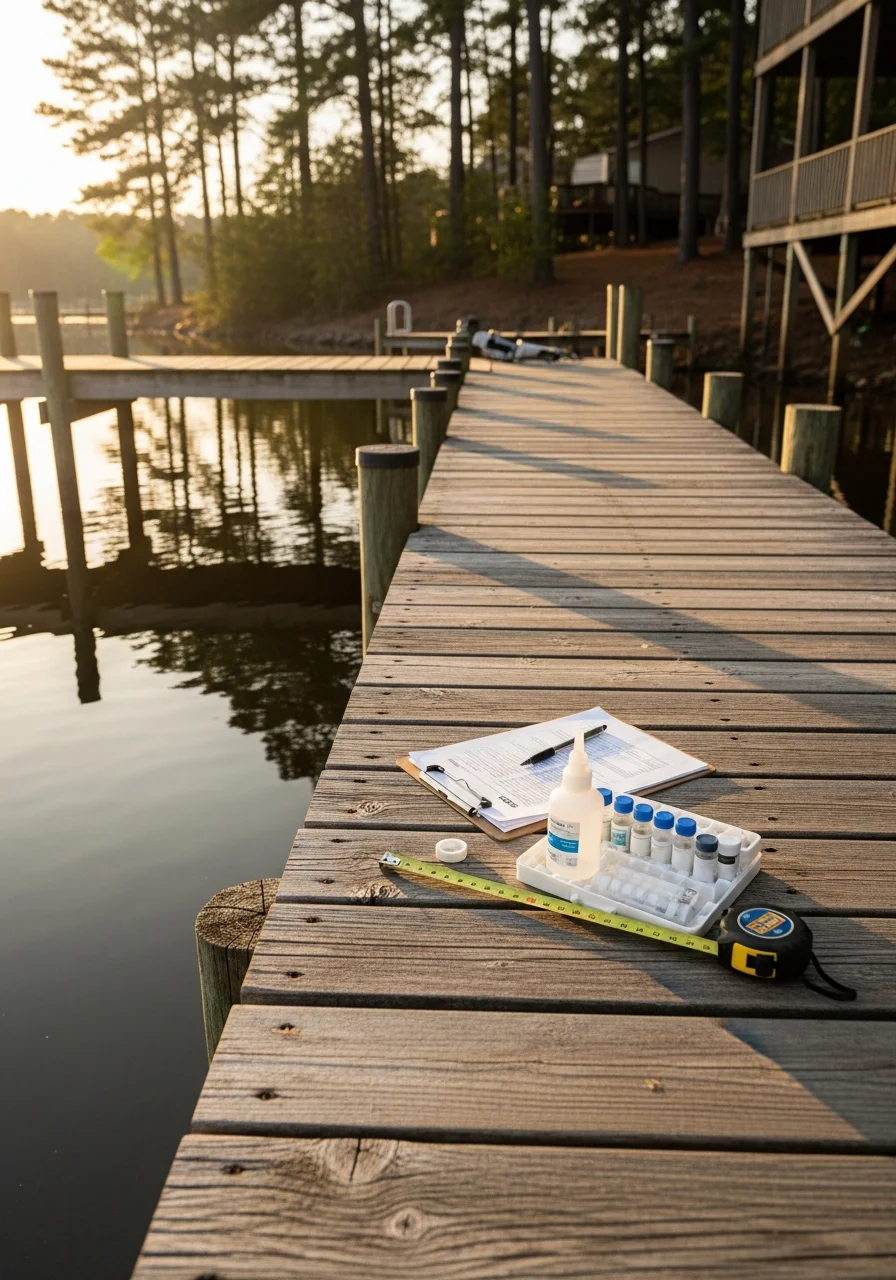 Inspector standing on a residential dock examining waterfront foundation and drainage near a Lake Country home.