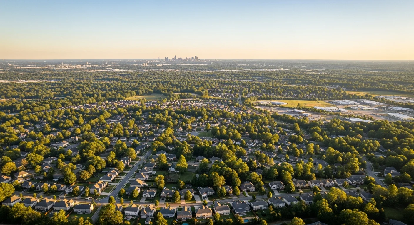 Aerial view of Atlanta skyline with residential neighborhoods, tree-lined streets, and mixed urban and suburban development.