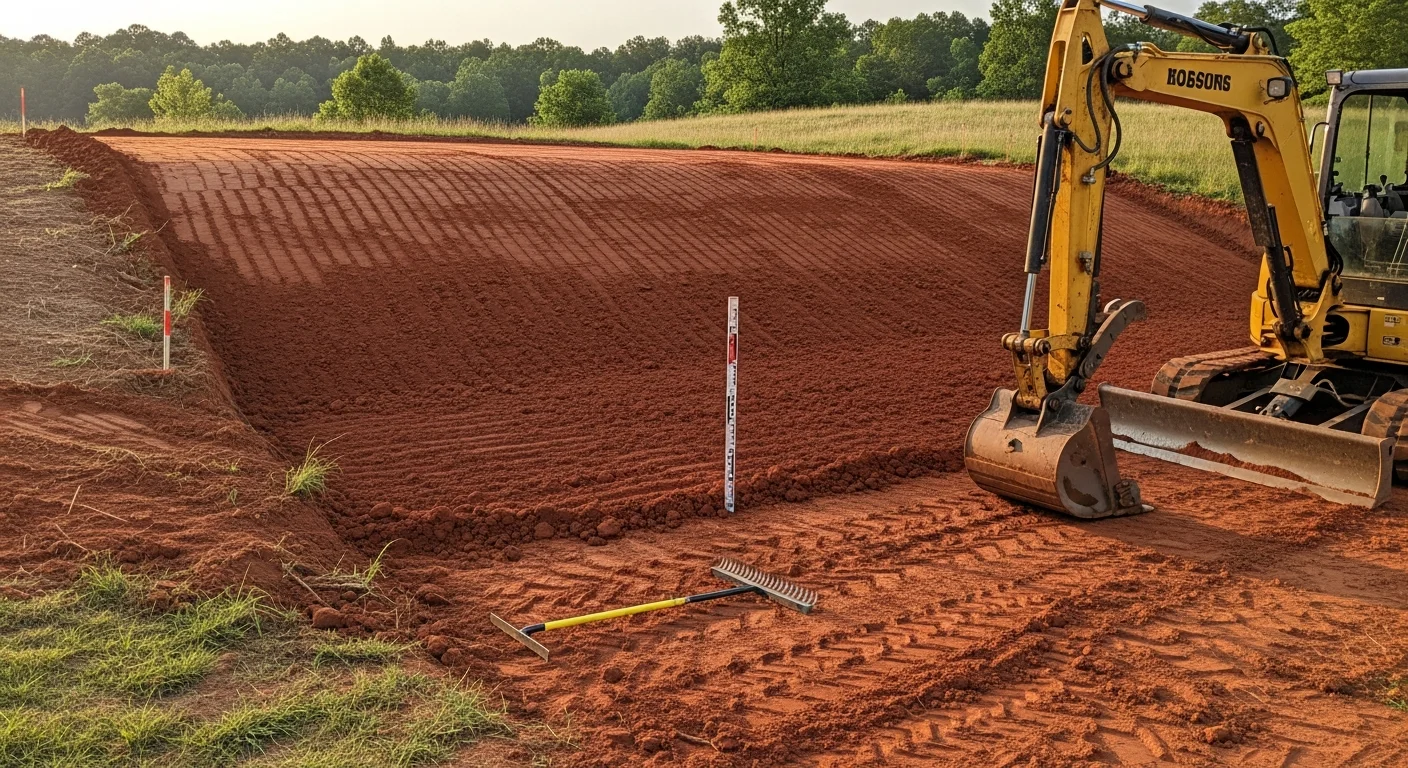 A residential lot in Georgia with freshly graded red clay soil sloping away from a home's foundation, with an excavator visible in the background. The site shows smooth, compacted earth prepared for construction or landscaping.