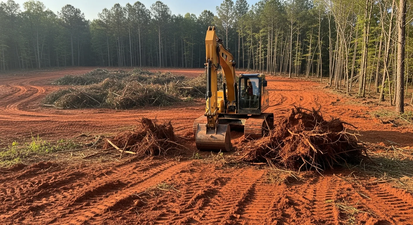 A freshly cleared Georgia property showing open, level ground after tree and stump removal, with red clay soil visible and surrounding tree lines intact. Heavy equipment staged at the edge of the cleared area on a residential lot prepared for construction.