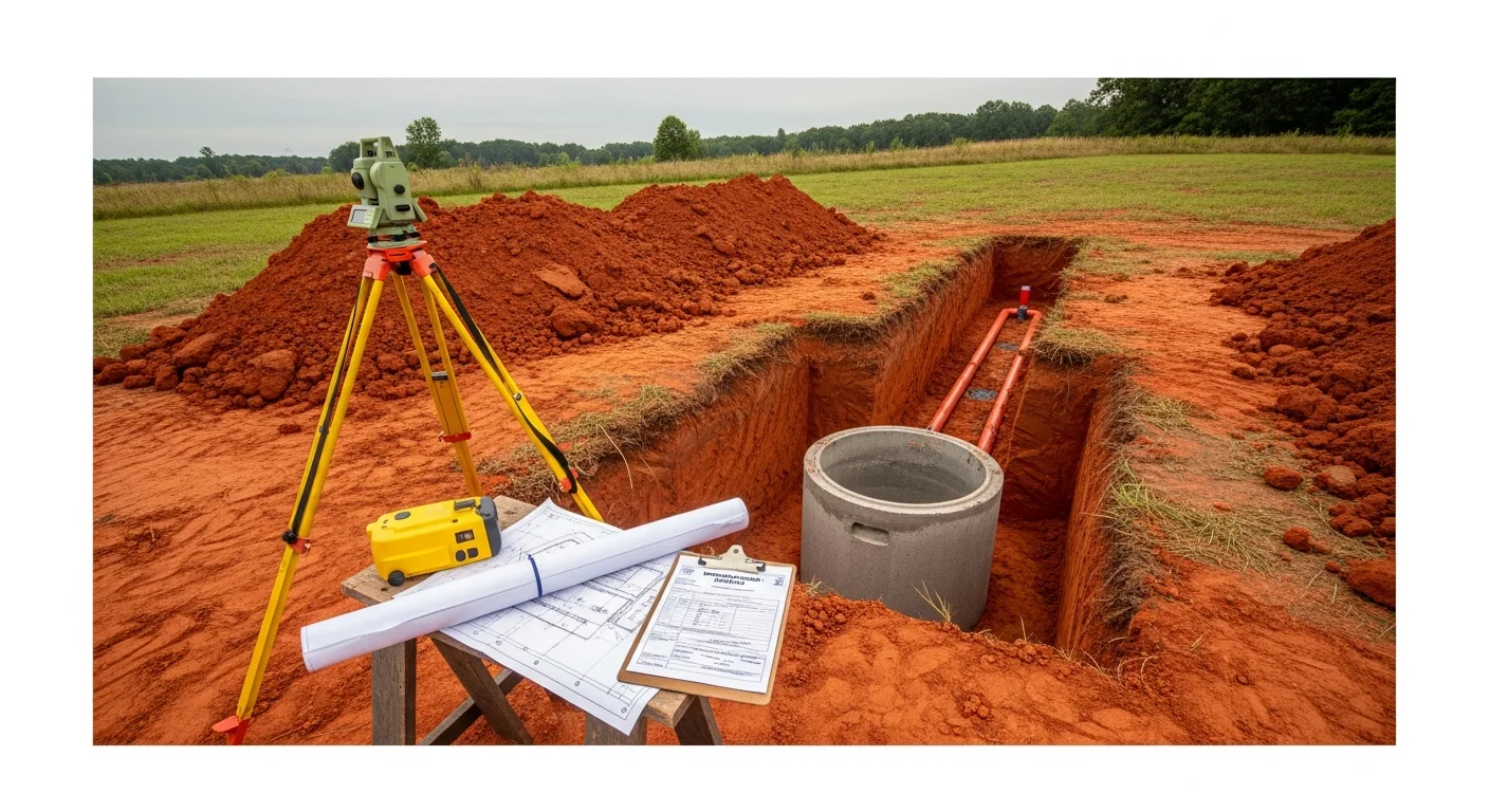 A newly installed septic system with a concrete tank and drain field trenches on a residential lot in Georgia. The surrounding soil shows the red clay typical of Georgia's Piedmont region, with a cleared yard and a single-family home visible in the background.