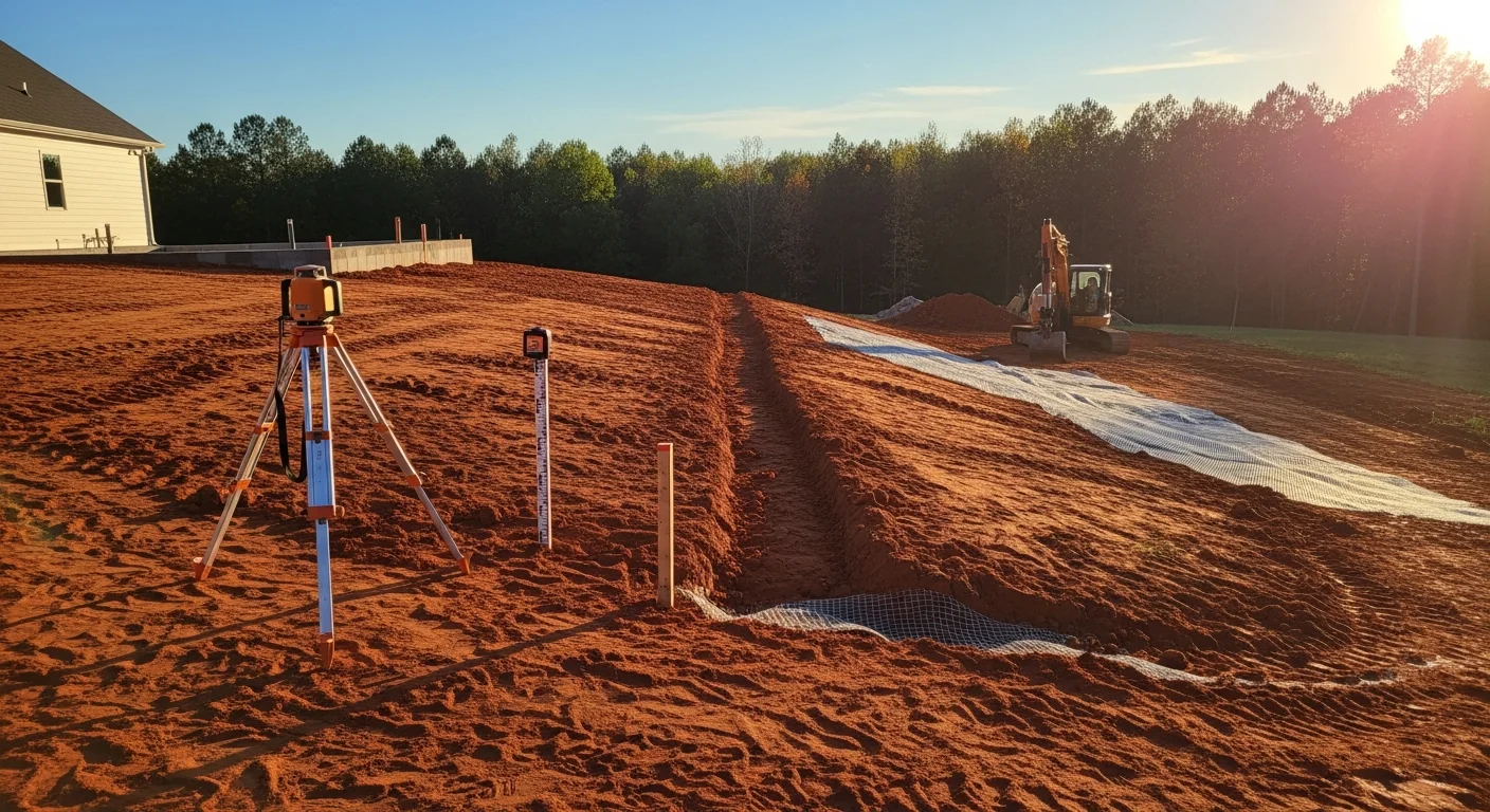 A graded residential lot in Georgia with a smooth, sloped surface directing water away from the home's foundation. Red clay soil is visible along the freshly shaped grade line near the structure's perimeter.