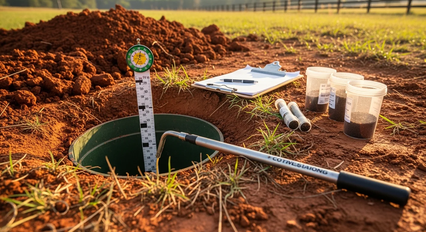 A certified Ace/Kimble Services technician inspecting a residential septic tank and drain field on a Georgia property. The evaluation is conducted on a rural lot with red clay soil visible near the access point.