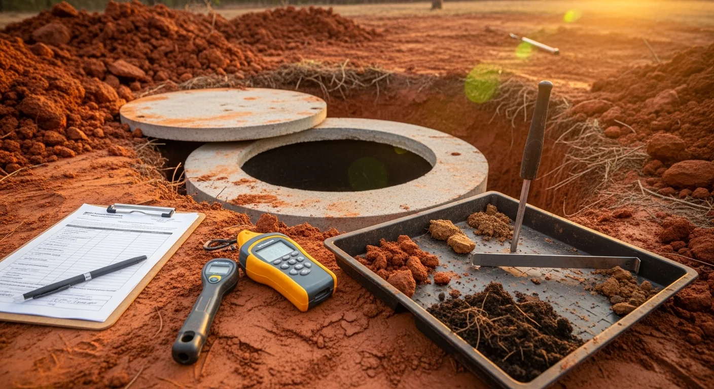 A certified Ace/Kimble Services inspector examining an open septic tank access point on a residential property in Georgia. The surrounding yard shows red clay soil typical of the region, with the drain field area visible in the background.