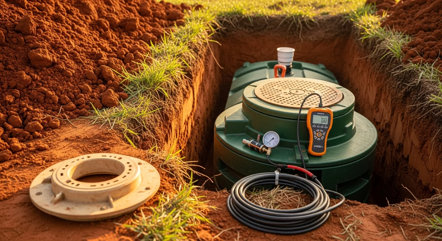 A certified septic repair technician inspecting an exposed drain field line on a residential Georgia property with red clay soil visible around the excavation site. The repair area shows a corrected pipe section with surrounding soil prepared for backfill.