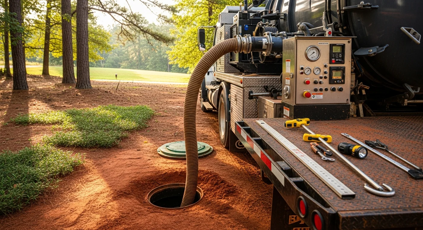 A certified Ace/Kimble Services technician operating a vacuum pump truck during a septic tank pumping service at a residential property in Georgia. The access lid is open and the hose is connected to the tank for solids removal.