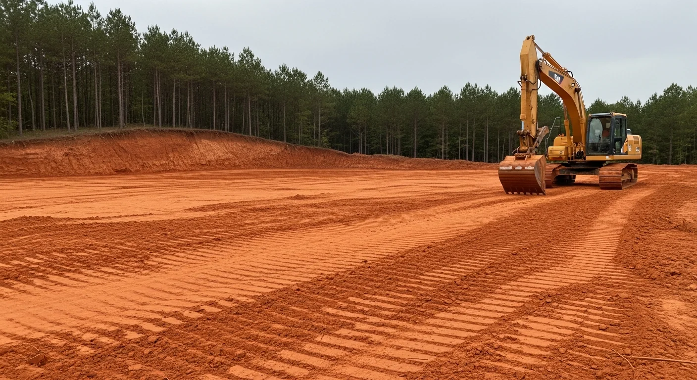 A Georgia construction site after professional site preparation, showing a level, compacted building pad with shaped drainage swales and cleared land ready for foundation work. Red clay soil is visible at the graded edges, with heavy excavation equipment parked nearby.