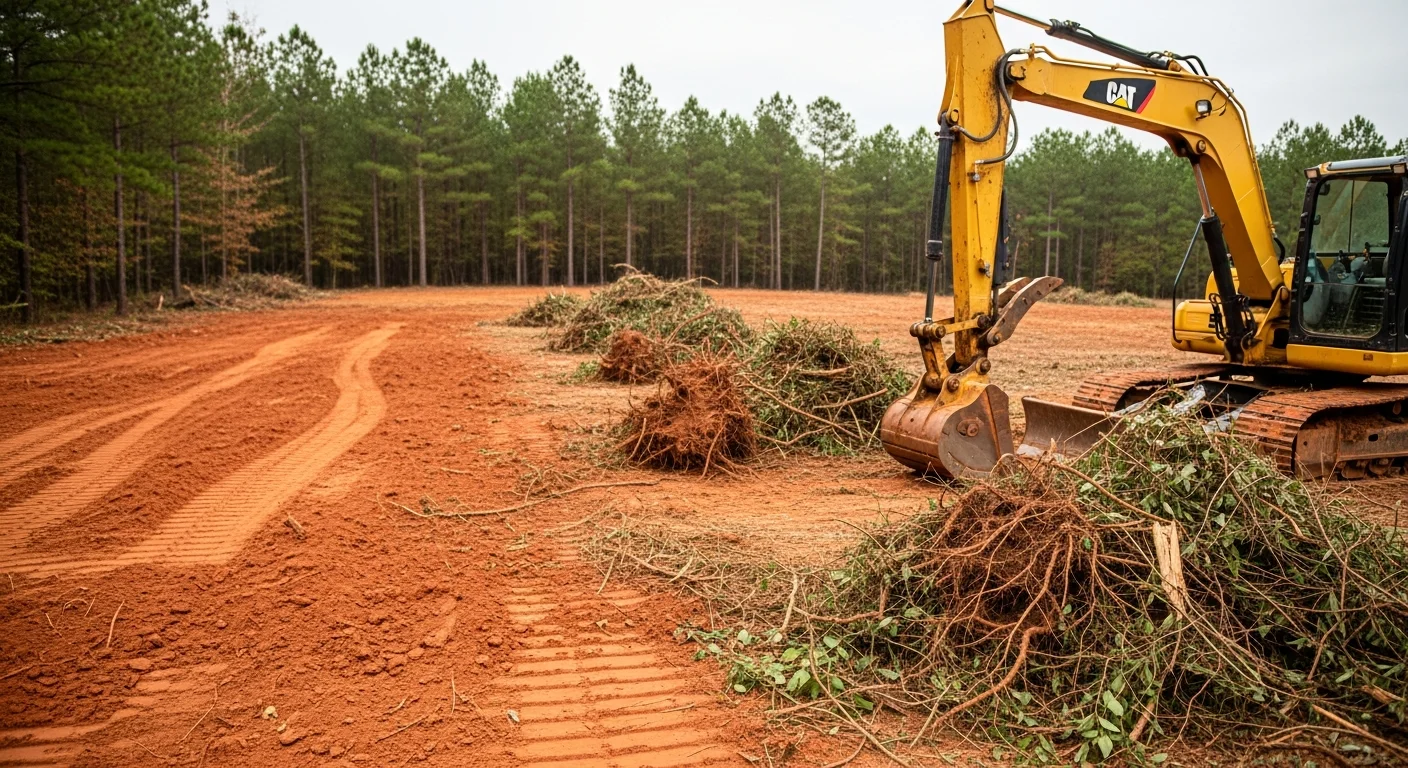 A Georgia commercial lot after professional vegetation removal, showing cleared soil, removed brush and root debris, and open ground ready for excavation equipment. Ace/Kimble Services vegetation removal crew working on a statewide Georgia site preparation project.